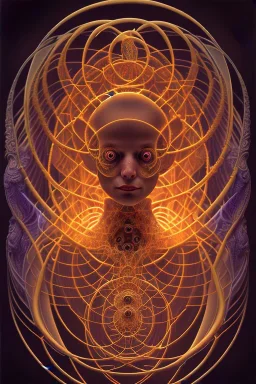 Spiritual being with Tentacles over human Head creating reality around, wrapping Spiral around Human, Psychedelic