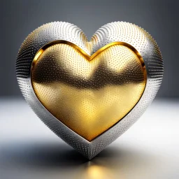 a golden and silver big 3d heart shape with a golden sphere covered with diamond cells in its center ,rotating in place