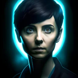 portrait of a short haired brunette young woman from the future