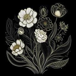 un dibujo solo lineal sobre fondo negro, ramillete hermoso de flores en color blanco y color dorado