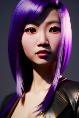 asian woman, anime character, lavender hair, golden eyes, long hair, leather, vibrant color, highly detailed, art stations, concept art, smooth, unreal engine 5, god rays, ray tracing, RTX, lumen lighting, ultra detail, volumetric lighting, 3d, finely drawn, high definition, high resolution.