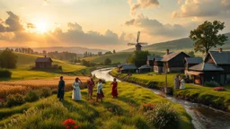 group of people are dancing in a national celebration in a village over high grassy hills,a small fall and river and wild flowers at river sides, trees houses ,next to Ripe wheat ready for harvest farm,windmill ,a few village local shops .people are dancing in a national celebration,cloudy sun set sky,a few village local shops