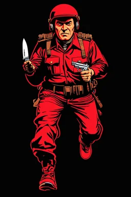 Turkish soldier(uniform and face based on racist steriotypes) running towards viewer, a knife i one hand, and a gun(barrel pointing at viewer) in the other. blocky retro 1960's jack kirby style poster in monochrome with white background