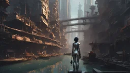 woman in a silver catsuit looking at a view of buildings made of reused dirty rusty metal next to a futuristic canal junction, cyberpunk, many painted colours, flying boats, balconies, bridges, people, shopping, eating, walking, fifth element, ghost in the shell, altered carbon, Ian McQue a masterpiece, 8k resolution, dark fantasy concept art, by Greg Rutkowski, dynamic lighting, hyperdetailed, intricately detailed, Splash screen art, trending on Artstation, deep color, Unreal Engine, volumetric