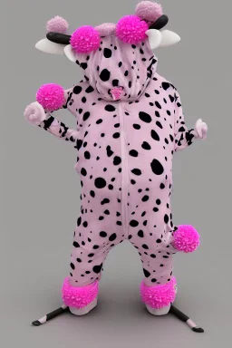 Portrait of A cute cow dressed in a onezy pajama outfit. The onezy has pink polka dots on and is thick and cozy. She has a flower in her hair. 3d