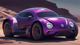 futuristic and electric super racing car, concept art, dark purple paint, volks wagen beetle influence, nice paint, sport sponsors, number 9, rude, duty, briliant, perfect painted, shinning, lights on, black glasses, intrincate details, high definition picture, 3/4 angle, on desertic street