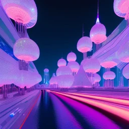 A very beautiful futuristic city, elegant, small crystal edifices, atmospheric, realistic, cinematic lighting, pink blue light, 8k, galactic atmosphere, flowers