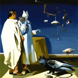 UN conference,a cat and human flesh-like surgical instruments and universe-like a pigeon and neuralink, surrealism,minimalism,Painting By Adrian Ghenie, Rene Magritte, Salvador Dali, Lucian Freud