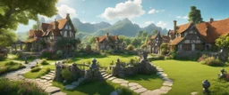 A photo of a quiet village green in a beautiful surreal outdoor countryside sunny scene, with distant hills & fields, intricate charactorful dwellings (designed by Esher) with many pathways & stairways, streams & waterfalls, a waterwheel : ultra high detail, photorealistic, epic cinematic, 8K, Large depth of field