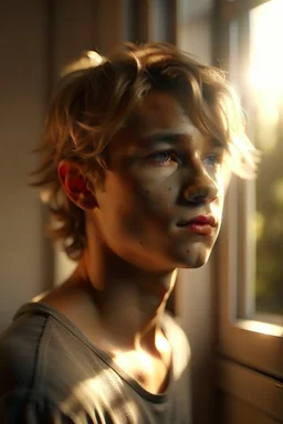 A hyper-realistic portrait of an athletic teen boy with honey brown eyes, messy golden blond hair, cute, innocent and amused, looking out a window, a hint of facial hair, shirtless, inside an empty room with warm sunlight streaming in, detailed, high definition, 4K, 8K, quality render, photo realistic