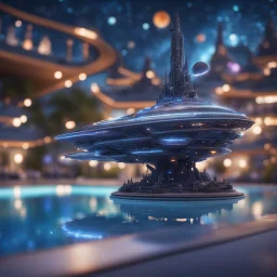 pen outline, layered, space witch by the pool, pool contains floating star ship of extreme complexity and beauty,bokeh like f/0.8, tilt-shift lens 8k, high detail, smooth render, down-light, unreal engine