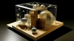 Digital architectural model of an innovative habitat made of hollow wooden cubes and transparent glass spheres, inhabited by a woman
