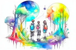 concept art water color style with details for teenagers in other planet watching the moon having adventure two teenagers mystery weird cretures trees exiting colorful