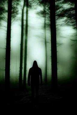 dark, foggy weather, night, forest, black, horror, art, evil, dark effect, white eyes, human shadow, three distinct shadows,