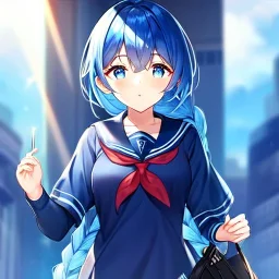 girl, masterpiece, best quality, volumetric lighting, detailed outfit, perfect eyes, blue hair, blue eyes, school outfit, braided ponytail,