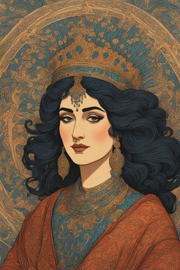 museum quality color woodcut of an ancient Persian queen with highly detailed hair and facial features , in the style of Gustave Baumann, with a fine art aesthetic, highly detailed, finely cut ,8k render,no tattoos on the face