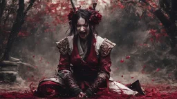 Tall girl samurai, face distorted with pain, screaming, tears streaming from eyes, siting pose, fullbody, splashes blood, behind guts rising from the ground, intricate, darkred tones, macro photography,