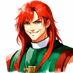 dnd, watercolour, illustration, portrait, realistic, rogue, male, sharp facial features, long red hair, green eyes, radiant, priest, smiling