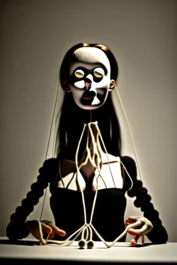 a surreal abstract image of a woman seated on a table,facing to the front ,she is connected to string like a puppet, arms in air, moved by the strings, puppet like features in the face, beautiful face, behind her also facing the front is the puppet master,is a huge image of a man holding the strings, creepy gothic character,.zoomed in, dark and shadowy background with selective lighting on the woman, gothic and chaotic