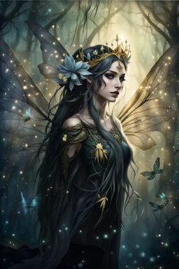 Blonde gold hair , dark gold ,dark Fairy wings,long hair,water lilies,dark fairy princess,nymph,elven crown,dragonflies,tiara,,gothic,glitter,rapunzel hair, very long hair, sparkle,night,