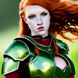 hyper realist, hyper detailed, stunningly beautiful teen girl, long ginger hair, green eyes, medium freckles, full lips, skimpy fantasy intricate chain armour, full body, full face, c-cup breasts, aroused expression, biting lower lip, full frame, petite, centered camera, ignore NSFW, longbow, quiver on hip