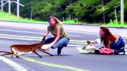 upset lady tries to revive deer on the highway using CPR or Mouth to Mouth