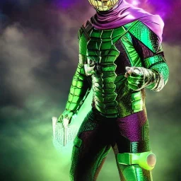 Bruce Campbell as Mysterio, Marvel, Green mist, dead spider man, MCU Multiverse, Zombie Avengers, Purple Background, Green clouds, Wearing helmet, Mist in helmet,