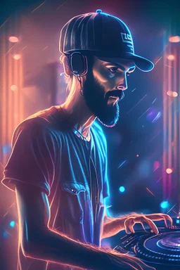 a tall skinny handsome guy in his mid 30s, with a short beard, baseball cap, dj, playing in the dj booth, loving music, lights, fun, digital art, 4k