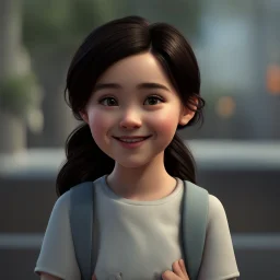 a portrait of smiling girl. carricature. cute. adorable. black hair. medium layers hair. fair skin. dark brown eye pupils. small nose. heart face shape. pixar style. 3D. 4k. portrait. highly detailed. sharp focus. high resolution. full color. cinema lighting