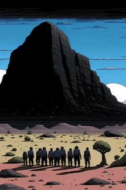 giant black rock in the desert with small people around n the style of Hiroshi Nagai