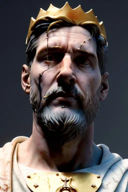 Ultra Realistic image, Roman sculpture, white marble material, Lionel Messi, gold crown of natural thorns, god crown, Renaissance style, sun rays background, waist up portrait, gold flecks, epic, celestial, cinematic lighting, God lights, 4k resolution, smooth details, soft lighting, unreal engine 5, art station, substance 3d.