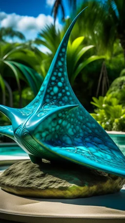 A teal water elemental manta ray designed in Hawaiian tiki statues painted by Antoni Gaudi