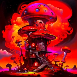 A fantabulous black, orange, and red (((mushroom tower house))) erected atop a (geologic pillar), surrounded by the uncanny imaginative ((( swirling skies))), offset by the stark hues of a (neon-tinged nebulous space scape), within. captured by the hand a skilled master painter with a focus on (softly blurred compositions and voluminous lighting).