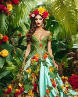 sweet pose pretty woman beauty make up cosmetic super model wearing a beautiful high details natural beuty color unique pattern autumn leaves gown queen costume,flowers crown all made of full elements varieties tropical fruits,full of green leaves and variaties roses,orchids flowers gardens tropical jungles background