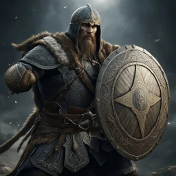 Assassins Creed Eivor Viking aesthetic, 2/3 Portrait of Viking Eivor in battle holding large ornate shield, captured in a dramatic pose, Unreal Engine 5, hyperrealism, dark fantasy, shield-core, beautiful, dramatic, cinematic, stunning