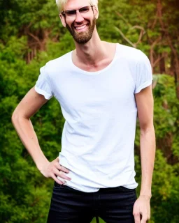 a tall guy who is skinny and scrawny with blond hair and blond beard. his hair is to the left side and he wears glasses. he is wearing a white t-shirt, black jeans and has straight teeth and brown shoes