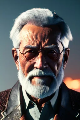 Old man Cyborg anime warrior, grey hair, trimmed grey beard,brown eyes, waist up portrait, 8k resolution, intricate details, ornate details, soft lighting, vibrant colors, retroanime, futuristic cityscape background