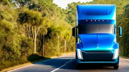 A Tesla semi-truck is racing at top speed, across a jungle of the Jurassic Period. CINEMATIC. WIDE ANGLE LENS. PHOTO REAL.