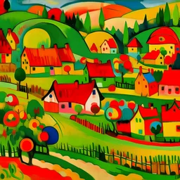 A green and red village with haystacks painted by Wassily Kandinsky