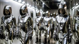 Hyperrealistisch dutzende Frauen völlig verhüllt von hermetischen silber glänzendem Ganzkörper-Zentai mit geschlossenem undurchsichtig verspiegeltem Visier in identischen silberfarbenen, geschlossenen Helmen marschieren in Reih und Glied eine Rampe hinunter