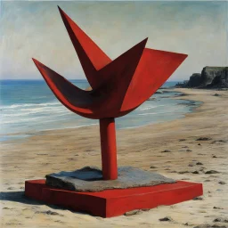 Odd red sculpture, realistic, beach, Max Ernst