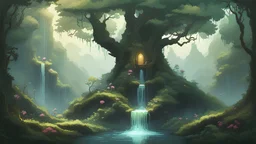 Pixel Art HD 4K PICTURE depicts the realm of Tir na nÓg in Ireland, with a dense, ancient forest surrounding a tranquil fountain shimmering with iridescent hues. Ethereal faeries dance amidst the lush greenery, inviting players on a journey filled with wonder and adventure.