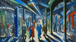 An oil painting by Kuniyoshi and Picasso of tech-people walking inside a futuristic matrix world.