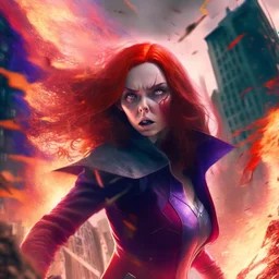 Wanda Maximoff, mulher, jovem, cabelos ruivos, olhos vermelhos, raiva, corpo inteiro, fundo cidade destruída, cores brilhantes, de lado destruindo algo com sua magia vermelha, traje da feiticeira escarlate, dramatico, 4k render, imagem cinematográfica. Cores frias, magia em suas mãos, magia vermelha claro