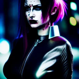 portrait, beautiful punk busty female Cyborg, intense stare, sad eyes, post-apocalyptic in a cyberpunk city,minimal skintight latex dress, bladerunner, realistic, intriacte detail, sci-fi fantasy style, volumetric lighting, particles, highly detailed ,cinamatic , deep colours,8k, in the style of Kaare Andrews