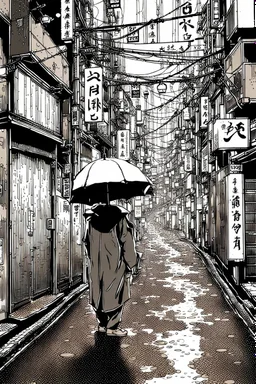 Tokyo alleys, line arts, rain