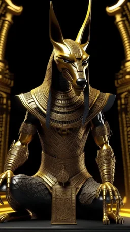, golden ,Anubis, Egyptian god, angry, multiple textures, detailed clothing, hieroglyphs, contrasting light, sitting by an alien with the same custom