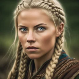 Blue eyed traditional blonde Viking woman with nature