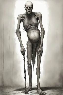 The full body of a very fat man holding a cane , decayed and rotting with grotesque proportions and imagery. surreal horror, biomechanical design, by hr giger and beksinski