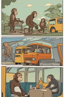 A monkey riding a bus, and a monkey using aa grill, a monkey going to work, and a monkey staying cool, in the art style of Pablo Picasso in a comic book format.